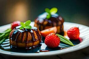 two cakes with chocolate sauce and strawberries on a plate. AI-Generated photo