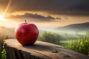 un manzana se sienta en un de madera mesa en frente de un puesta de sol. generado por ai foto