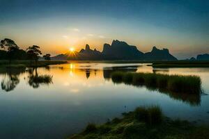 el Dom sube terminado un lago y montañas. generado por ai foto