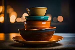 a stack of colorful bowls and plates on a table. AI-Generated photo