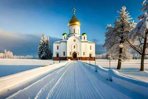 un Iglesia en el nieve con un dorado cúpula. generado por ai foto