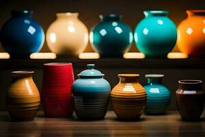 a row of colorful vases on a table. AI-Generated photo