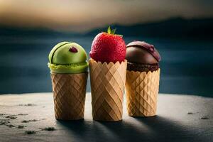 three ice cream cones with strawberries and chocolate. AI-Generated photo