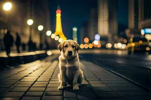 un perro sentado en el calle a noche. generado por ai foto