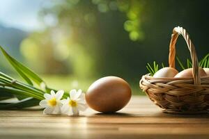 eggs in a basket on a table. AI-Generated photo