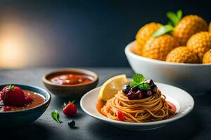 spaghetti, sauce and other dishes are on a table. AI-Generated photo