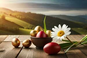 easter eggs in a bowl on a table with daisies and a sun. AI-Generated photo