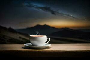 a cup of coffee on a table in front of a mountain view. AI-Generated photo