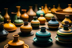 many colorful vases are arranged on a table. AI-Generated photo