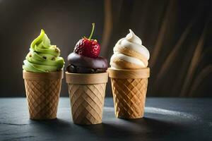 three ice cream cones with different flavors. AI-Generated photo