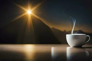 café taza en mesa con montaña en antecedentes. generado por ai foto