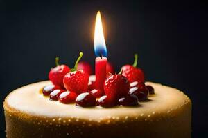 a birthday cake with a lit candle. AI-Generated photo