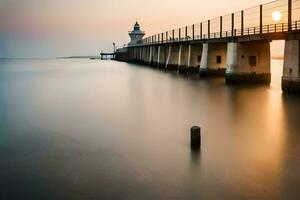 un largo exposición fotografía de un faro a puesta de sol. generado por ai foto