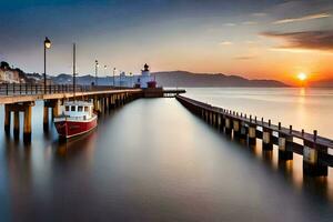 a boat docked at the pier at sunset. AI-Generated photo