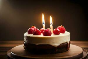 a birthday cake with two candles on top. AI-Generated photo