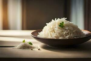 a bowl of rice with a leaf on top. AI-Generated photo
