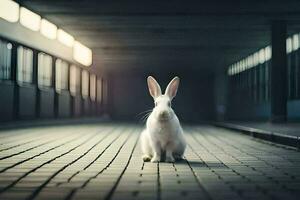 a white rabbit sitting on a brick floor. AI-Generated photo