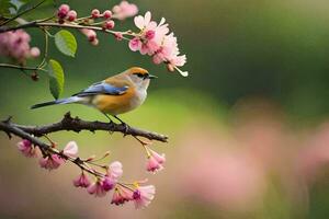 a bird is perched on a branch with pink flowers. AI-Generated photo