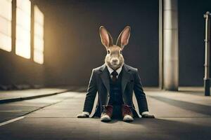 a rabbit wearing a suit and tie sitting on the ground. AI-Generated photo