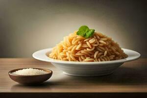 a bowl of pasta with a spoon and a small bowl of salt. AI-Generated photo