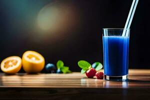 blueberry smoothie in a glass with straw. AI-Generated photo