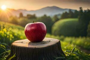 an apple sits on top of a stump in a field. AI-Generated photo