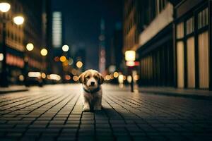 un perro es en pie en un calle a noche. generado por ai foto