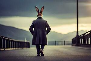 a rabbit wearing a coat and hat walking on a bridge. AI-Generated photo