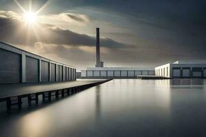 a long exposure photo of a factory building and water. AI-Generated