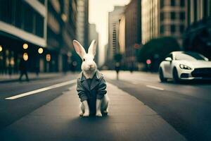 a rabbit in a suit standing on the street. AI-Generated photo