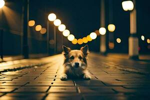 a dog sitting on the ground in front of lights. AI-Generated photo