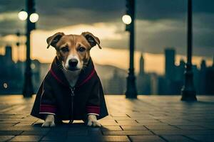 a dog wearing a coat and standing on a street. AI-Generated photo