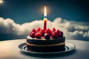 a chocolate cake with a single candle on top. AI-Generated photo