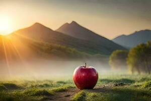 un manzana es sentado en el césped en frente de un montaña. generado por ai foto