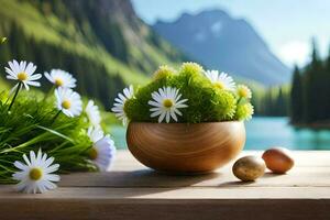 photo wallpaper flowers, the sky, the lake, the mountains, the flowers, the flowers,. AI-Generated