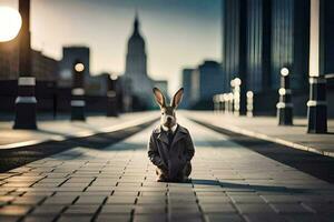 a rabbit in a suit sitting on the street. AI-Generated photo