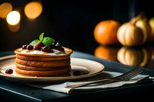 pancakes stacked on a plate with cranberries and cream. AI-Generated photo