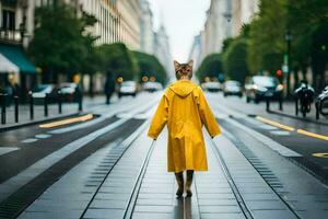 a person in a yellow raincoat walking down a street. AI-Generated photo