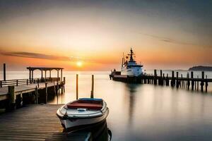 photo wallpaper the sky, water, dock, boat, sunset, boat, dock, boat,. AI-Generated