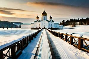 un puente Guías a un Iglesia en el nieve. generado por ai foto