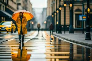 a woman walking in the rain with an umbrella. AI-Generated photo