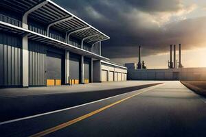 a factory building with a road in front of it. AI-Generated photo