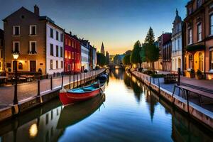 a boat is docked in a canal at dusk. AI-Generated photo