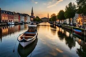 a boat is docked in a canal at sunset. AI-Generated photo