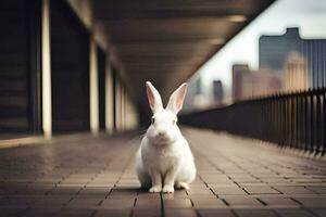 a white rabbit sitting on a brick walkway. AI-Generated photo