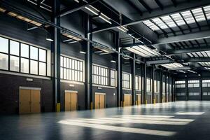 an empty warehouse with large windows and doors. AI-Generated photo