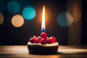a cupcake with berries and a lit candle. AI-Generated photo