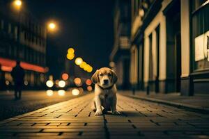 a dog sitting on the street at night. AI-Generated photo