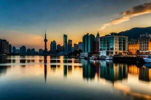 el ciudad horizonte es reflejado en el agua a puesta de sol. generado por ai foto