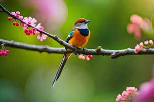 a colorful bird sits on a branch with pink flowers. AI-Generated photo